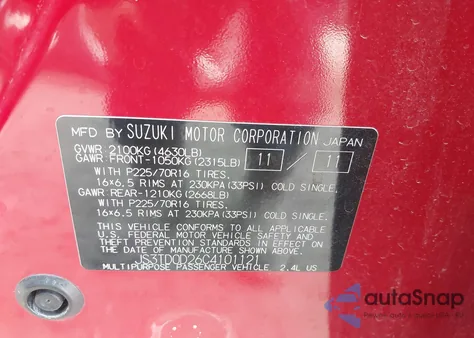 2012 Suzuki Grand Vitara Premium from USA, damaged, VIN JS3TD0D26C4101121